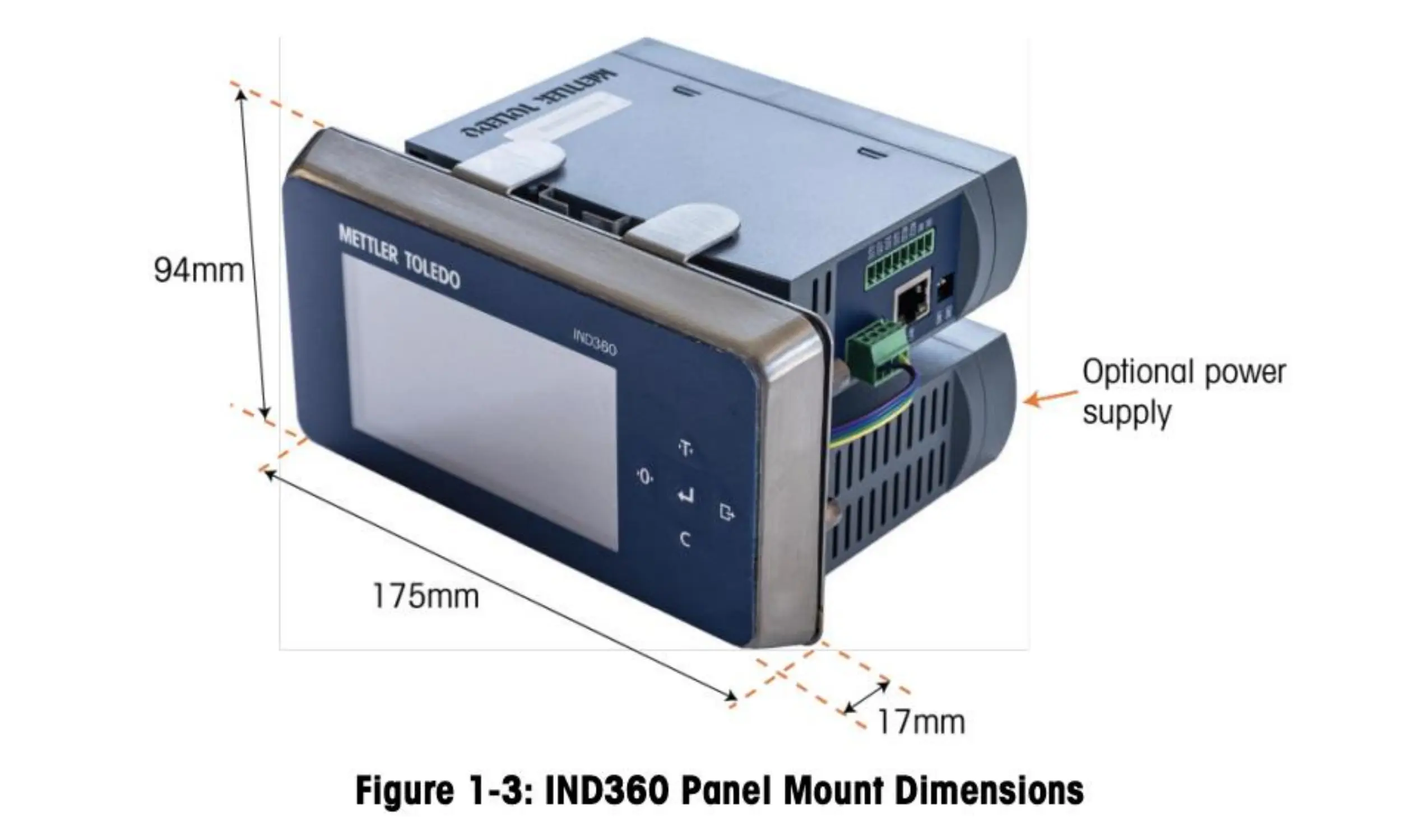 Lukisan dimensi pemasangan panel untuk terminal penimbang Mettler Toledo IND360 yang digunakan dalam projek tangki pencampur minyak wangi 2000L